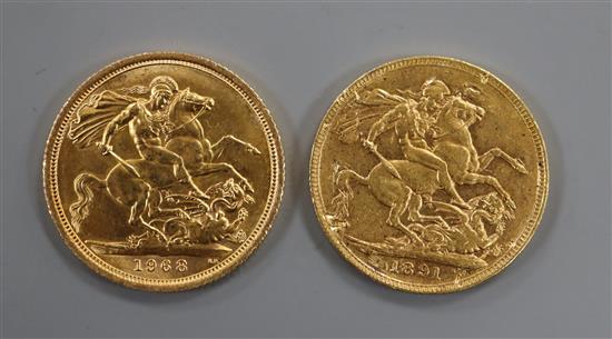 Two gold sovereigns, 1891 and 1968